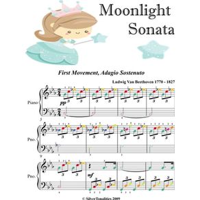 Moonlight Sonata 1st Mvt Easy Elementary Piano Sheet Music with Colored Notes
